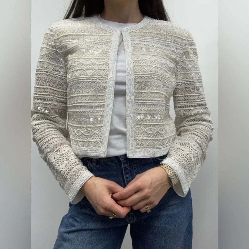 Vintage Riazee Boutique Cream Neiman Marcus Beaded Sequin Lace Blazer Size S